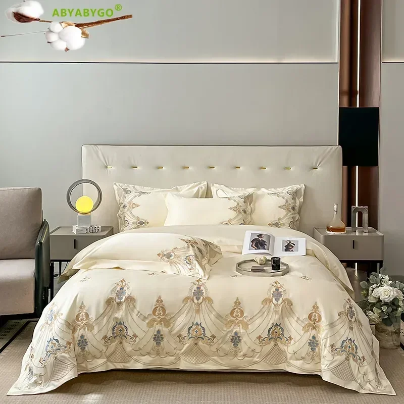 Champagne European Style Luxury Embroidery Bedding Set 100 Egyptian Cotton Duvet Cover Set Flat/Fitted Bed Sheet and Pillowcases