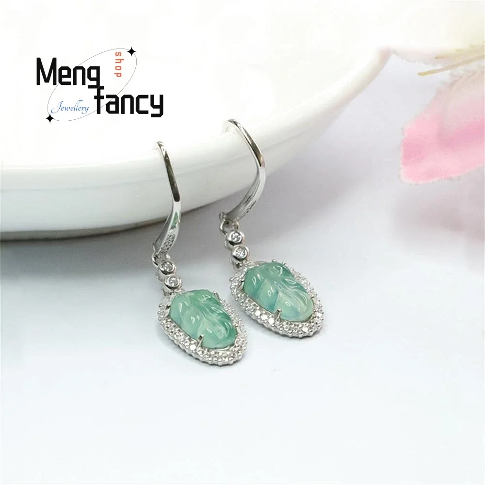 S925 Silver Lnlaid Natural Jadeite Ice Blue Water Leaf Earrings Exquisite Elegant Simple High-grade Luxury Quality Fine Jewelry