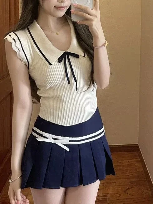 

Summer New Style College Fashion Set Women's Striped Knot Design Top Bow Half Skirt Two Piece Set Breathable Short ...