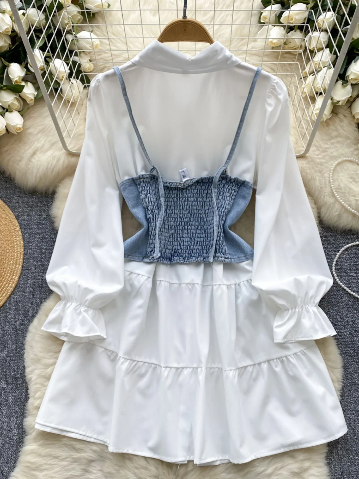 

Women's Gentle Unique Waist-Cinching Single-Button Long-Sve Denim Dr with ter Vest Autumn Faion Set