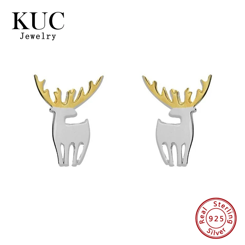 925 Sterling Silver Custom Minimalist Two Tone Christmas Deer Stud Earrings Women Fashion Fine Jewelry Deer Earrings