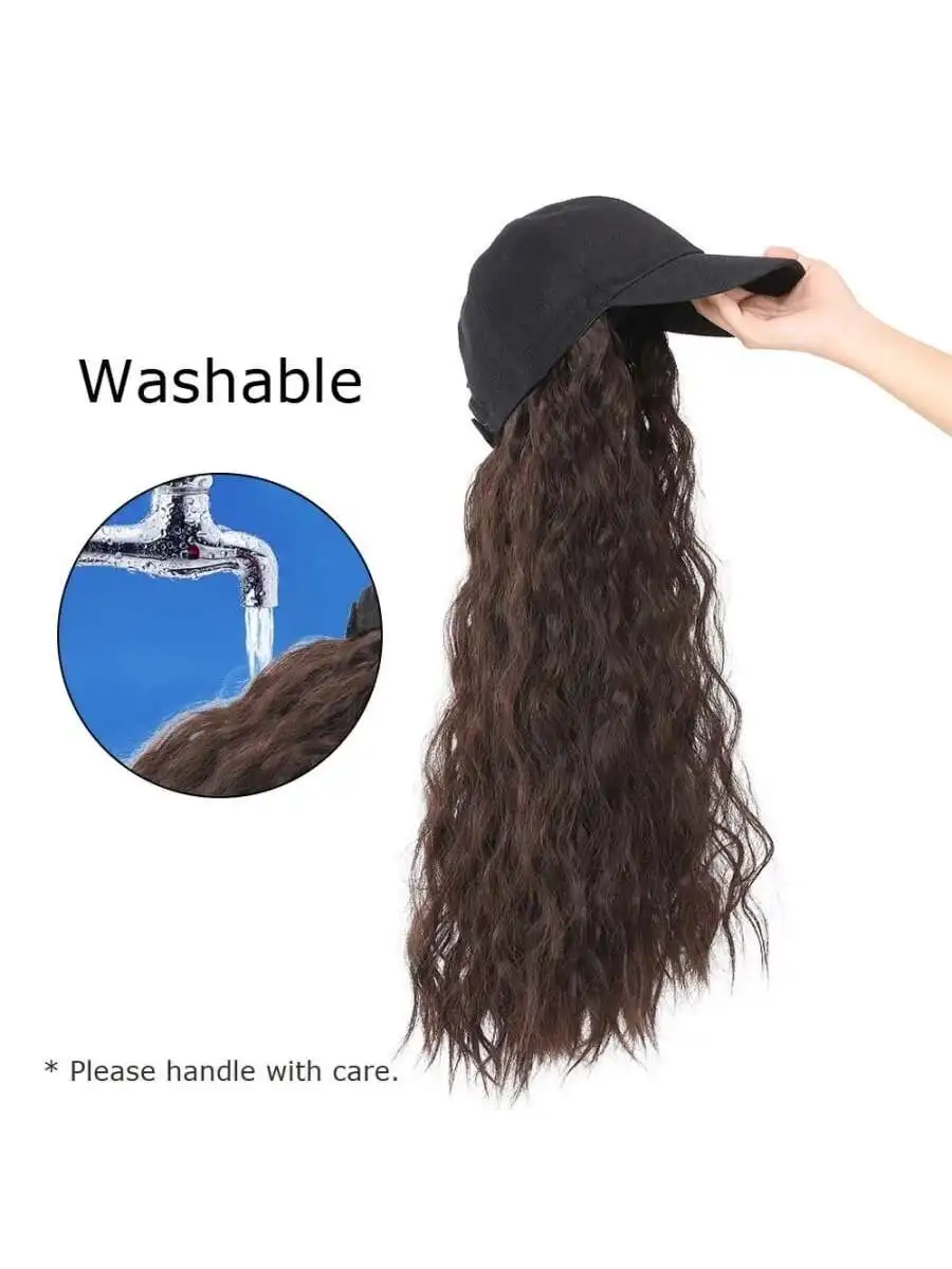 Wig Dark Brown Baseball Cap with Synthetic Natural Wavy Hai Attached Women Adjustable Hats Long Wavy