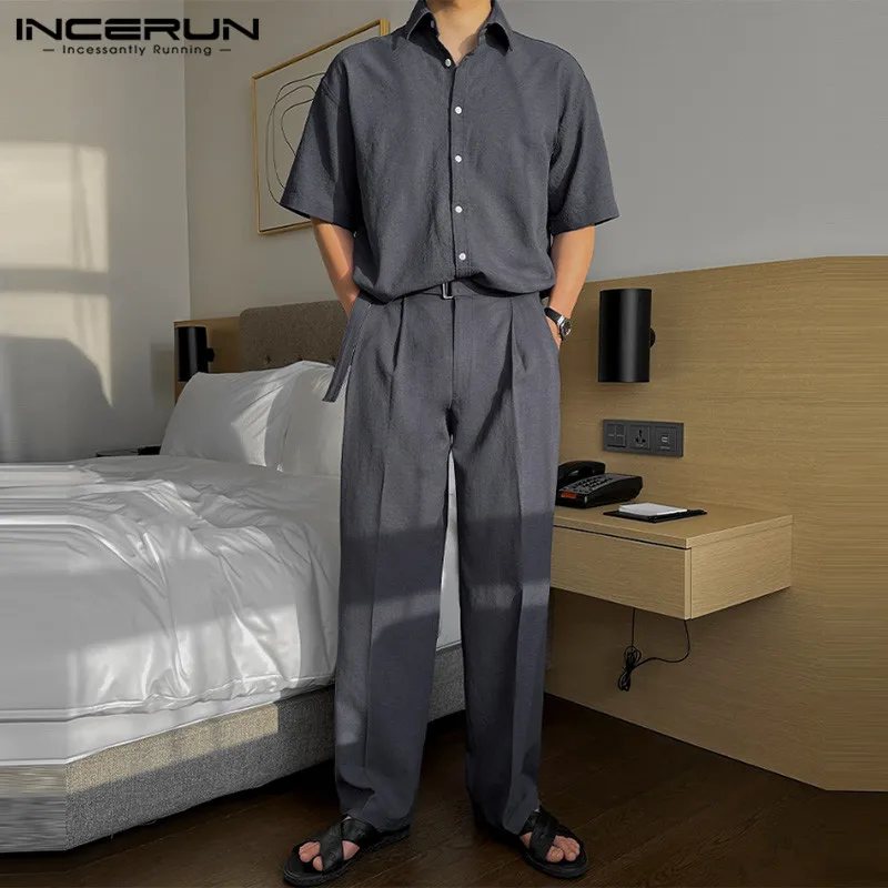 Handsome New Men Sets INCERUN 2024 Solid Short Sleeved Shirts Long Pants Casual Streetwear Male Hot Selling Two-piece Sets S-5XL