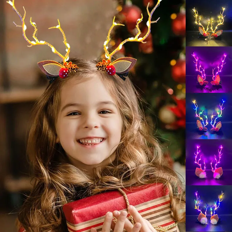 Christmas LED Antler Hair Band Light Cute Elk Hairpin Hair Clip Women Girls Glowing Headwear Xmas Hair Accessories Navidad Decor