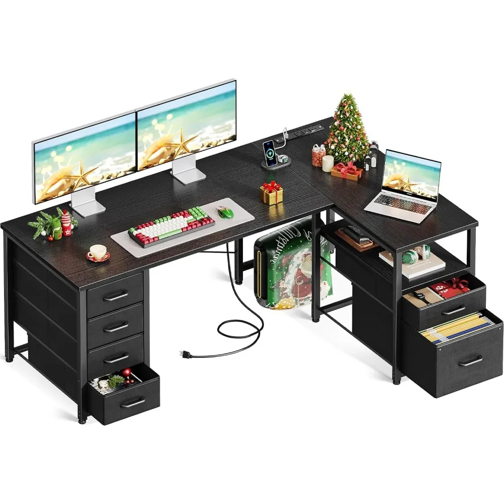 

55 In L Shaped Computer Desk with 6 Drawers & Power Outlet, Corner Desk with Reversible Storage Shelf & File Drawer, Office Desk