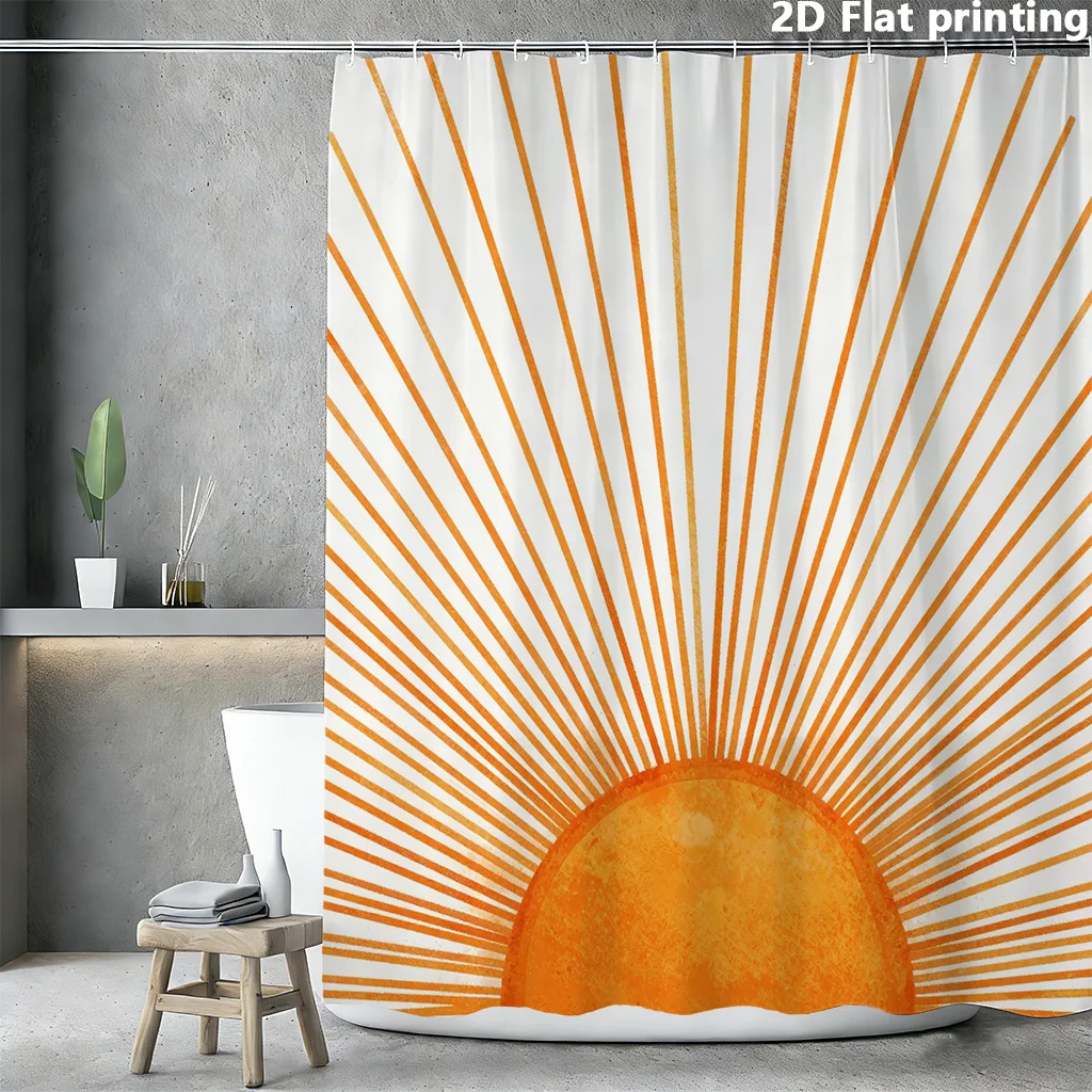 

Занавеска для душа Sunburst, 1 шт., полиэстер, 2D плоская печать, 70,8x70,8 дюймов, акварельные оранжевые лучи на белом фоне