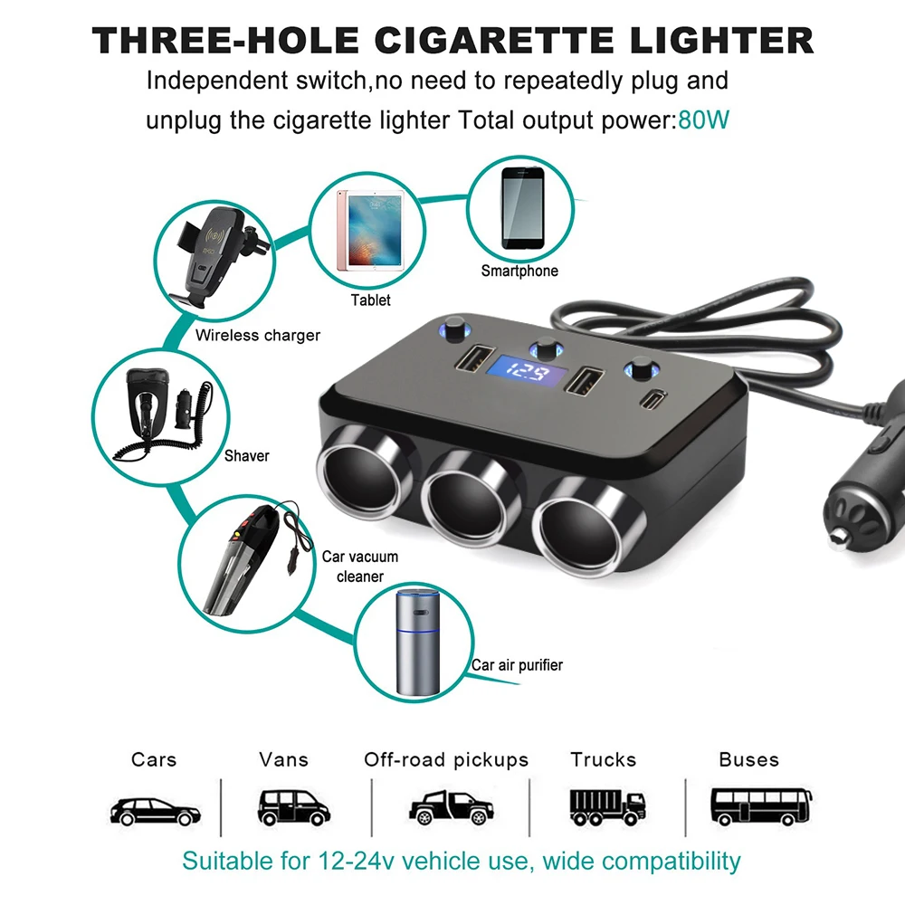 

Vehicle Car Cigarette Lighter Socket Splitter 3 Socket Holes 2 Type C PD Fast Charging Phone Charger Power Adapter