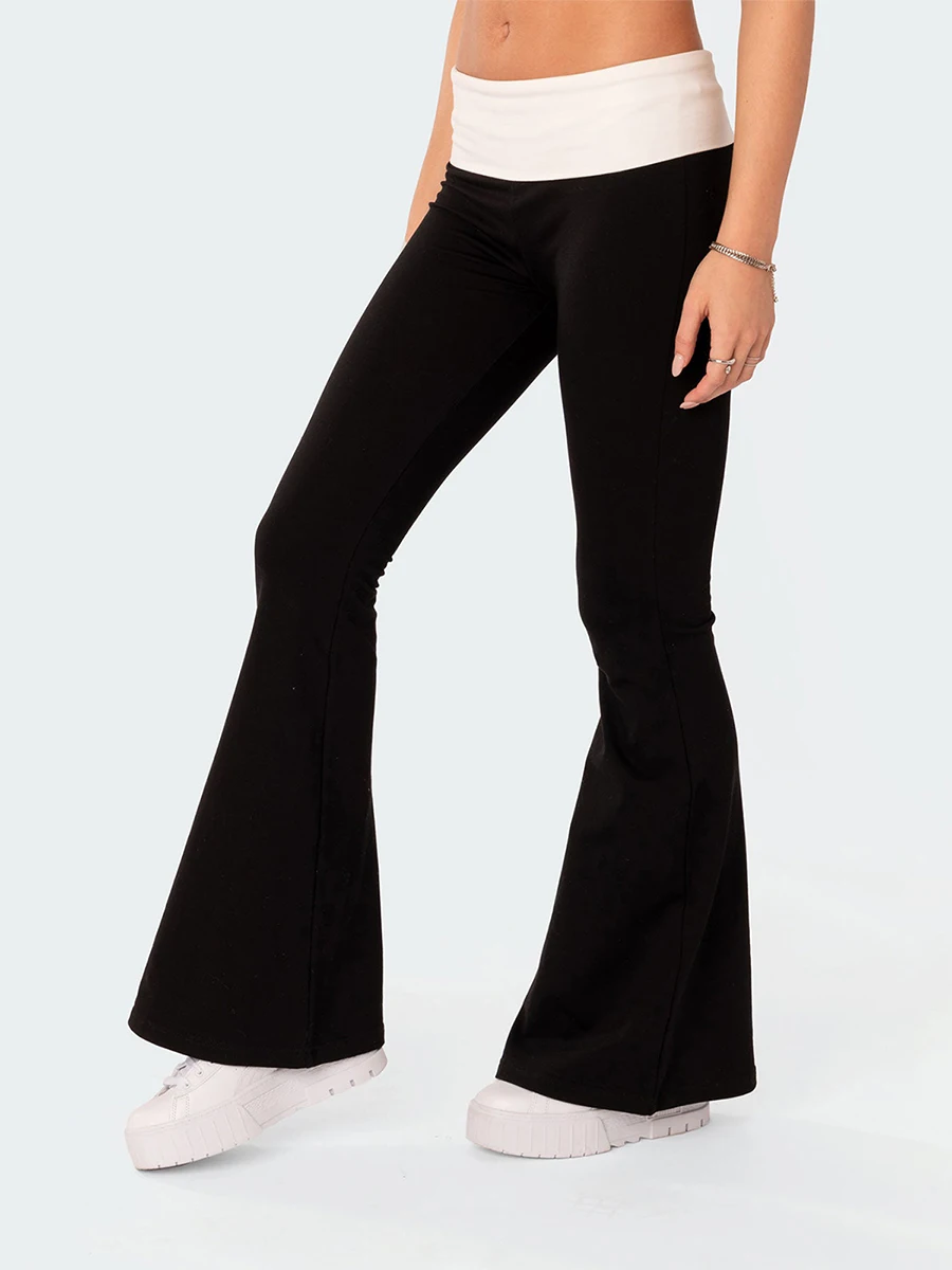 Calça casual queimada feminina, cor de contraste, cintura elástica, calça de sino, calça bootcut, streetwear Y2K