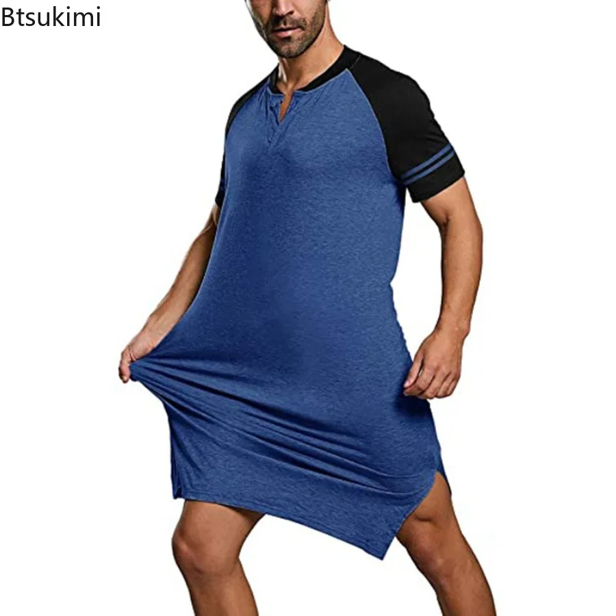 2024 New Men's Pajamas Short Sleeve Robe Fashion Patchwork Design O-neck Split Hem Home Wear Men Loose Casual Pullover Sleepwear