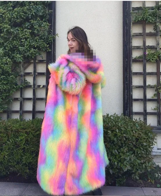 2021 New Colorful Men's and Women's Long Hooded Imitation Fur Coat Colored Fox Fur Thickened Fur Integrated Coat