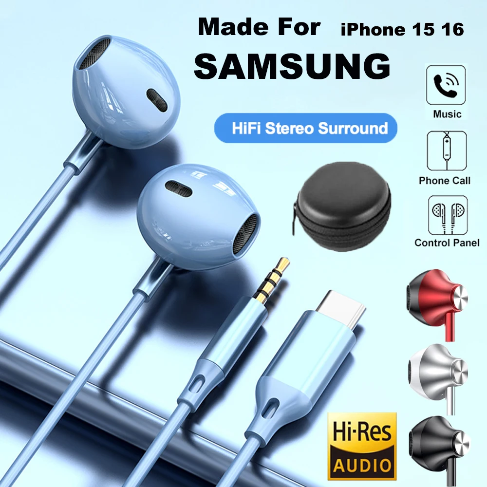 Type C Headphone HiFi Bass 3.5mm In-Ear Earphone HD Mic Wired Earbuds For iPhone 15 16 Samsung Galaxy S24 S23 S22 xiaomi iPad PC