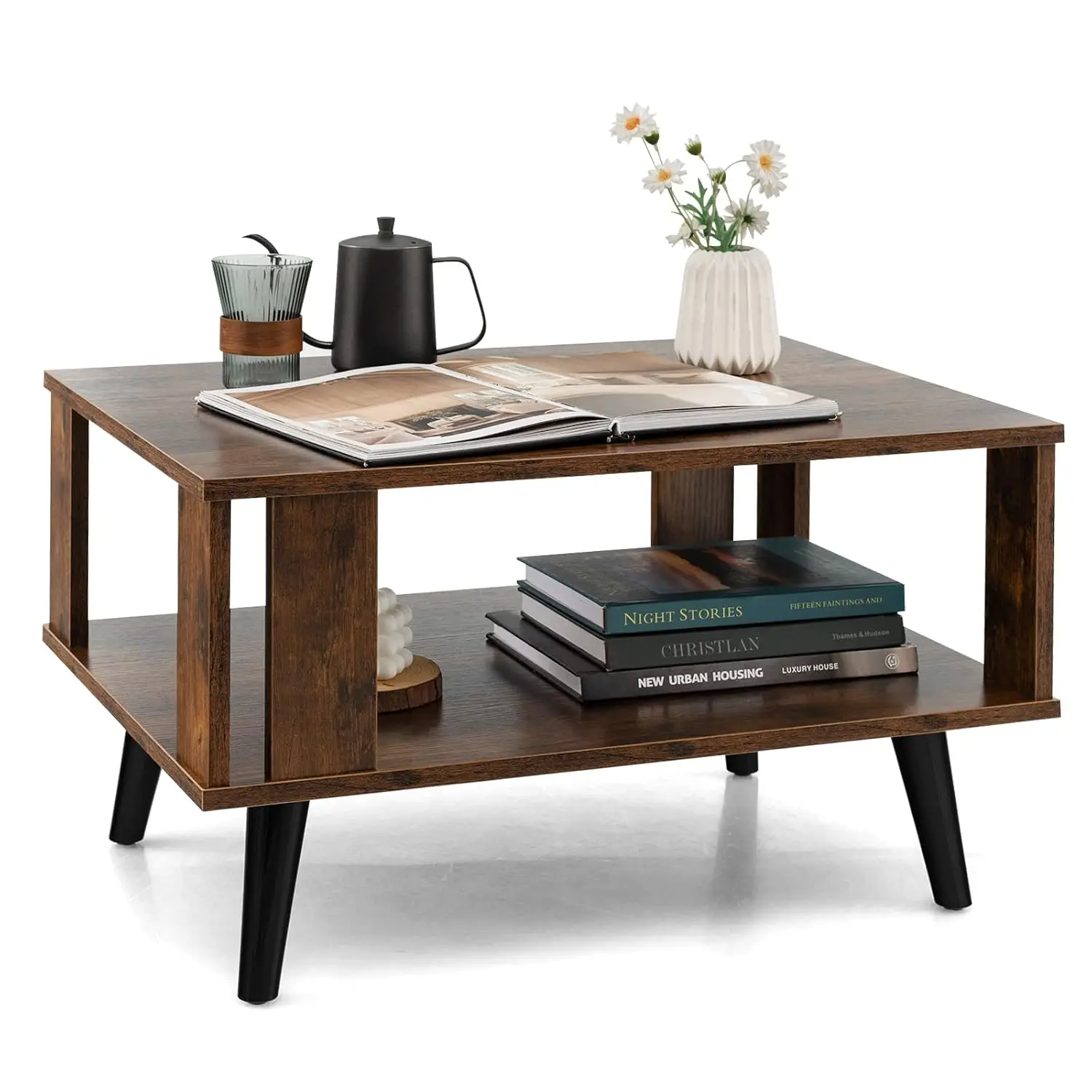 

Industrial 2-Tier Wooden Coffee Table with Shelf & Side Baffles Mid-Century Retro for Living Room Office, Customized