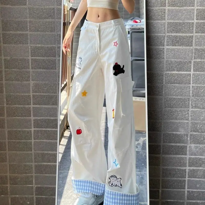 

Милые и стильные женские свободные брюки с принтом, осенняя новинка 2026 года, модные белые брюки в пол с вышивкой в виде собаки, широкие штанины