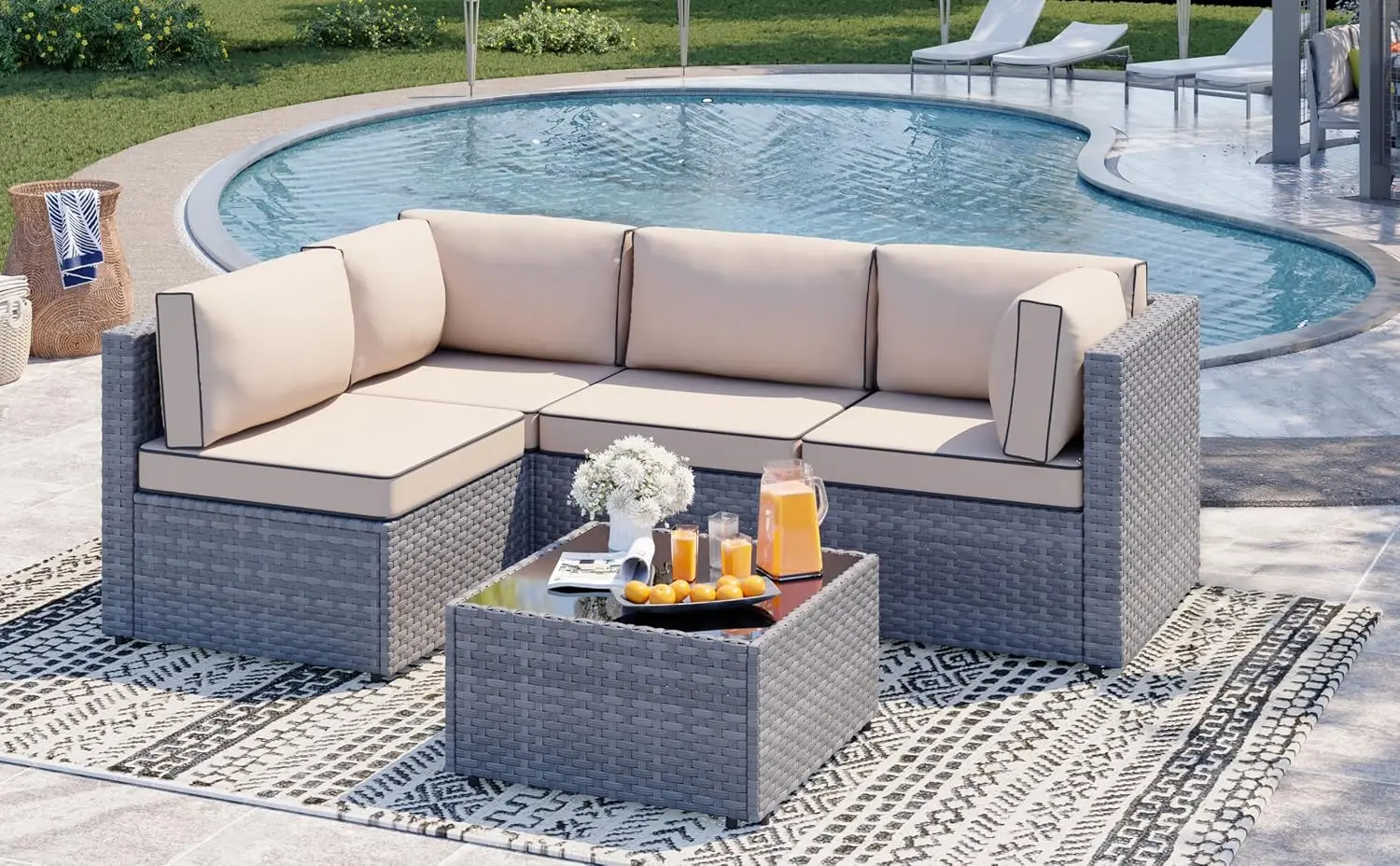Outdoor Patio Furniture 5 Pcs Rattan Sofa Backrest Glass Table Washable Cushion Small Conversation Set Sectional Silver Khaki, C
