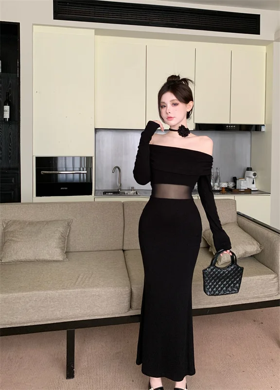 French Fashion Sexy Off Shoulder Black Long Dress Long Sleeve Sexy Slash Neck Pencil Dress Sheer Mesh Patchwork Bodycon Dress