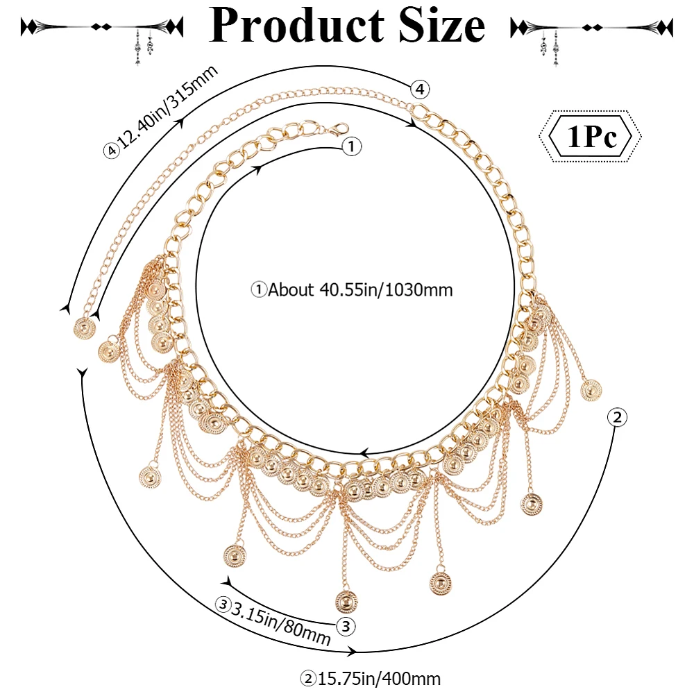 Iron Curb Chains Belt Flat Round Tassel Waist Belt Belly Dance Hip Scarfs Light Gold 29 inch(73.5cm)