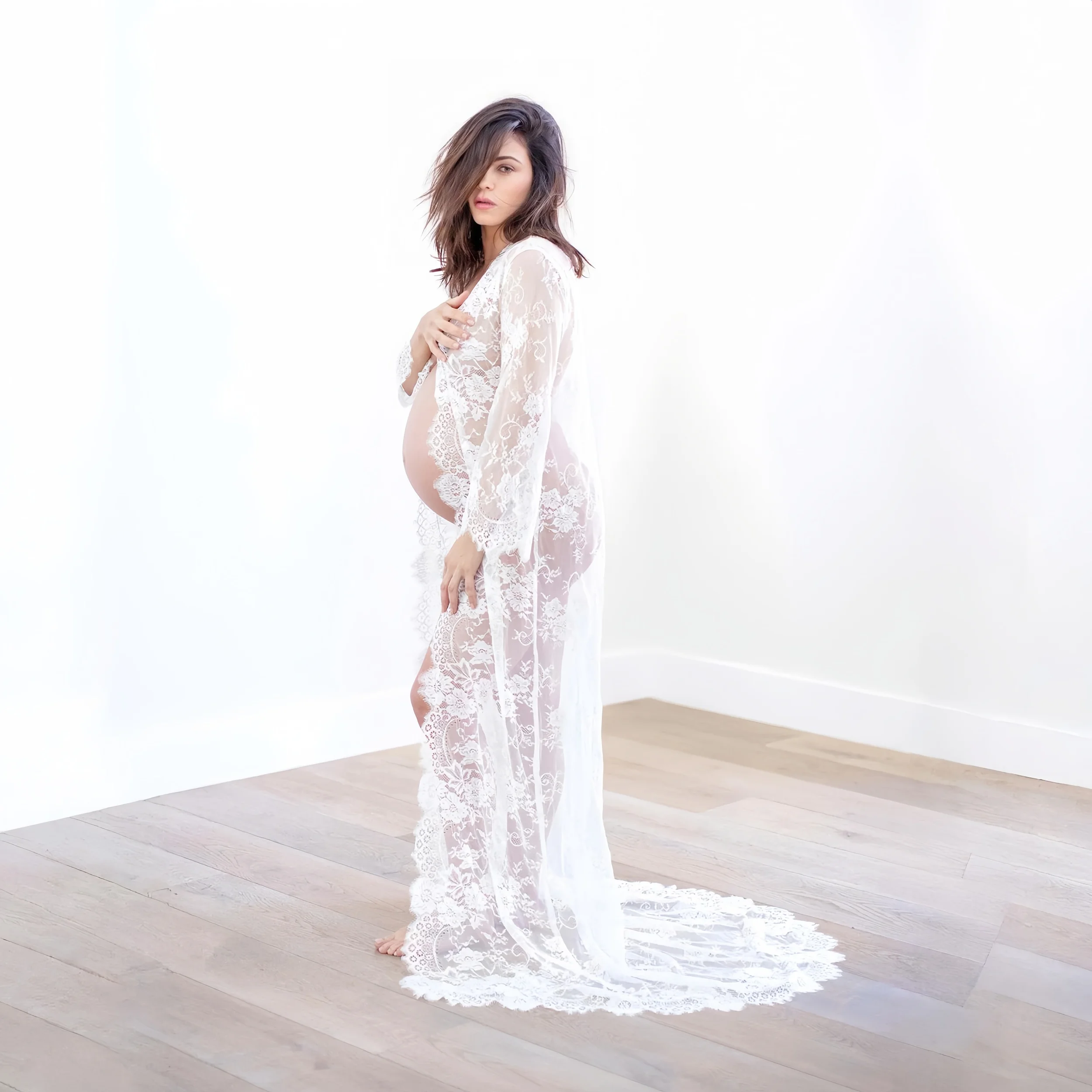 透ける白いレースのマタニティフォト小道具-ロングドレス-まつげレース-妊娠ナイトドレス-写真撮影