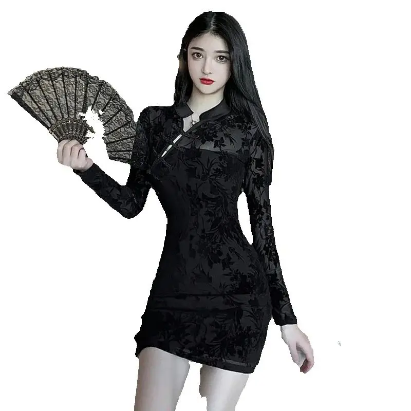 

Женское платье-Ципао в китайском стиле, элегантное черное платье в стиле ретро, Восточная одежда, женское сексуальное облегающее вечернее винтажное платье
