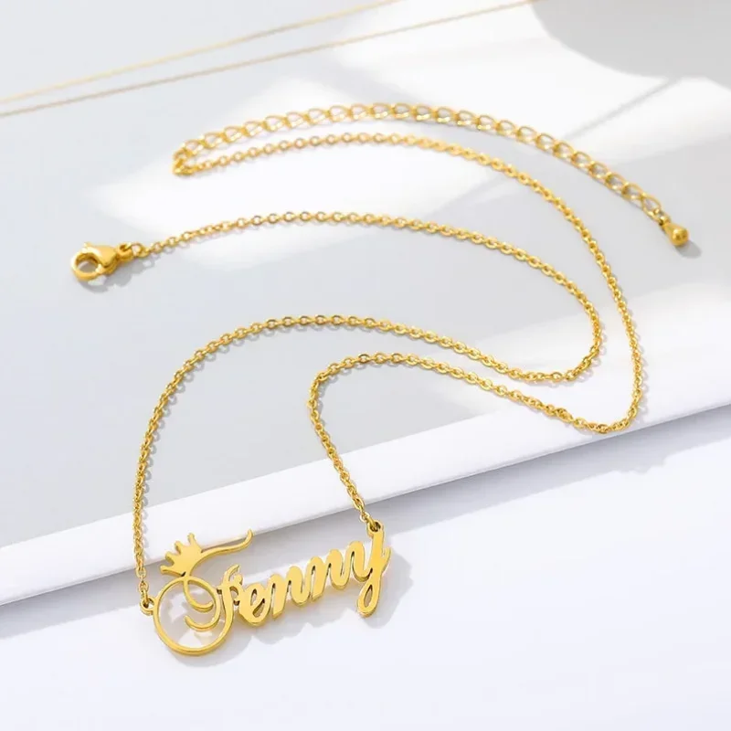 Custom Name Necklace for Women Personalised Crown Cursive Font Gold Stainless Steel Letter Pendant Choker Jewelry Birthday Gifts