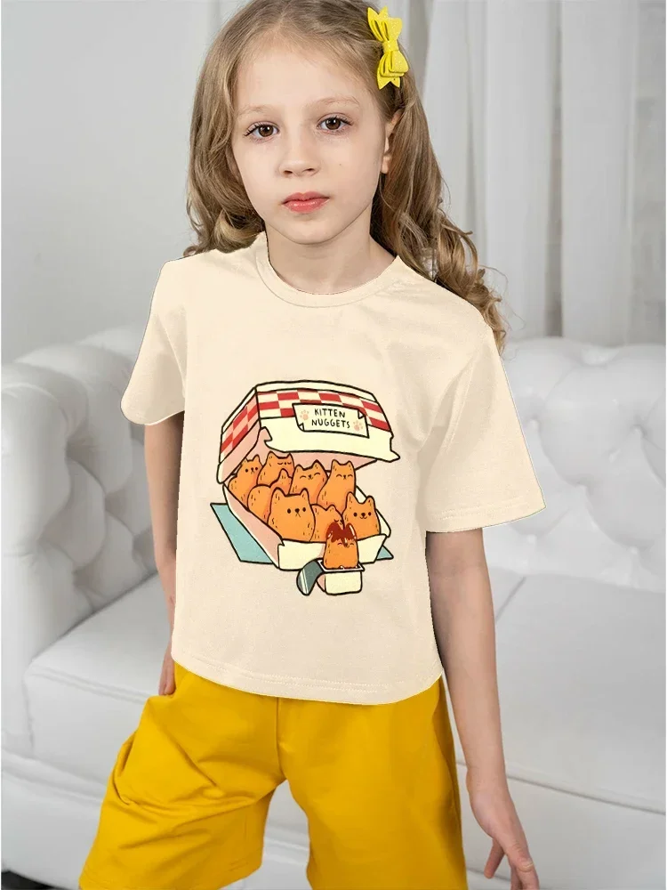 Girl T-shirt T-shirts for Children Teen Girl Kitten Nuggets Clothes Girls Clothing Children's Top Kids 2024 Summer Child Graphic