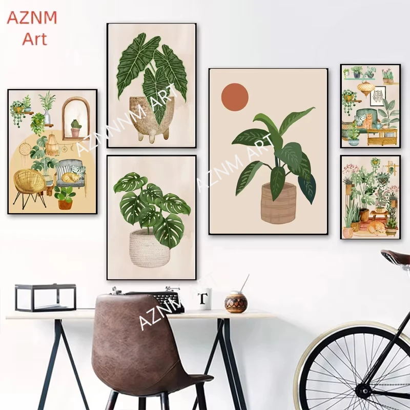 Abstrakte Sonne Monstera Blätter Pflanze Katze Boho Kunst Leinwand Malerei Botanische Poster Und Drucke Wand Bilder Für Wohnzimmer Dekor