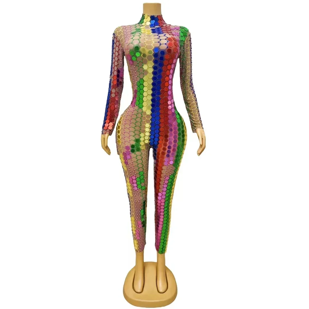 Сексуальный блестящий цельный комбинезон с яркими блестками, боди для танцевальной сцены, вечернего, дня рождения, клуба, празднования блестящих леггинсов