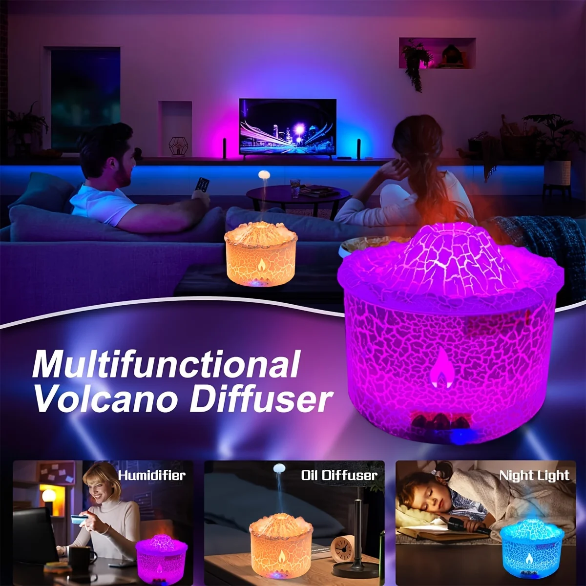 Aroma Essential Oil Diffuser 300 ML, Volcano And Flame Diffuser/Humidifier, Give2.11 Oz Hotel Collection Essential Oils, 7 Color