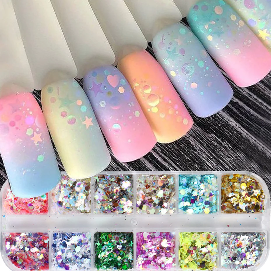 12 Grids Nail Art Glitter Sequins Mixed hexagon Heart Star Reflective Colorful Holographic Flakes Shiny Manicure Accessories