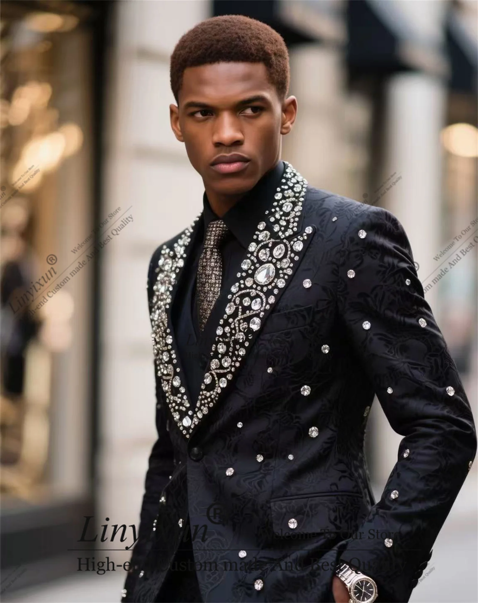 

Shiny Jewel Ornament Men Suit 2 Pieces Sets Groom Male Blazers Customized Slim Fit Wedding Tuxedos Peaked Lapel Ropa hombre