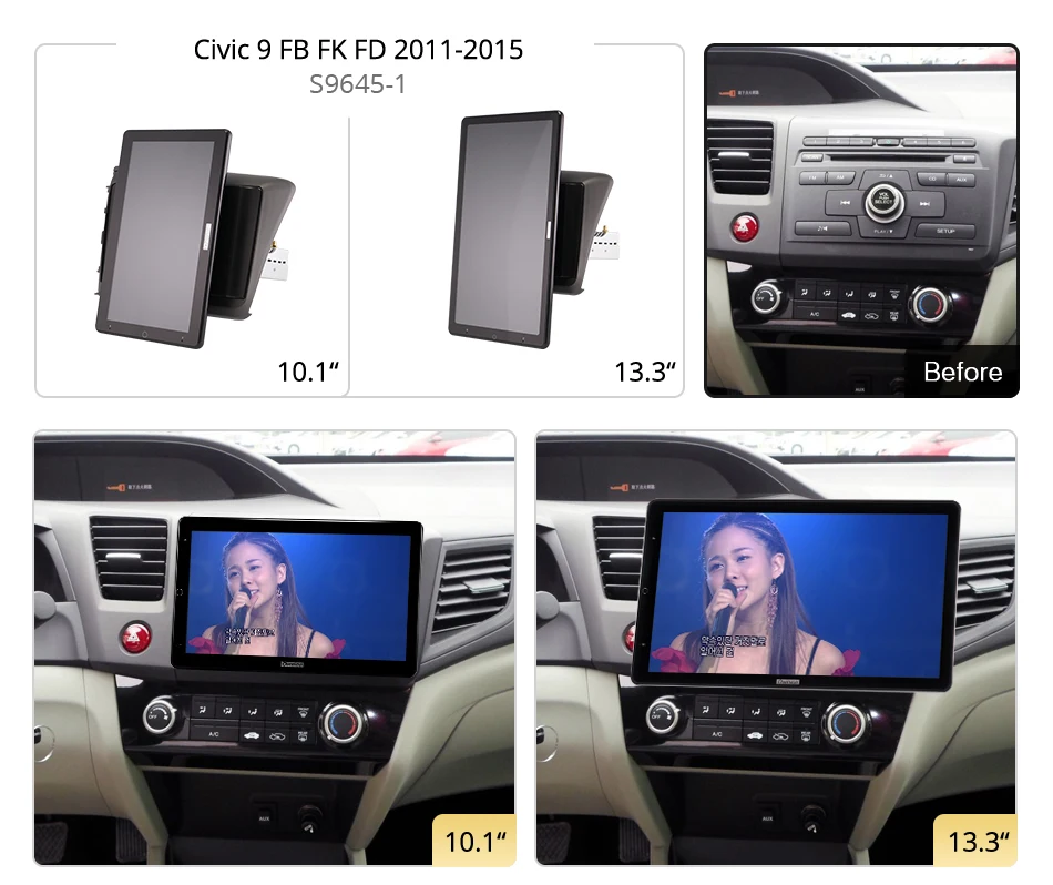 13.3 Inch Ownice 1Din Android 14.0 Car Radio 360 Panorama for Honda Civic 9 FB FK FD 2011 - 2015 Auto Audio SPDIF 4G LTE NO DVD