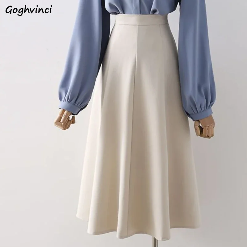 Korean Style A-line Skirts Women Office Ladies Mature Female Autumn Simple Elegant Plain Leisure All-match Temperament Stylish