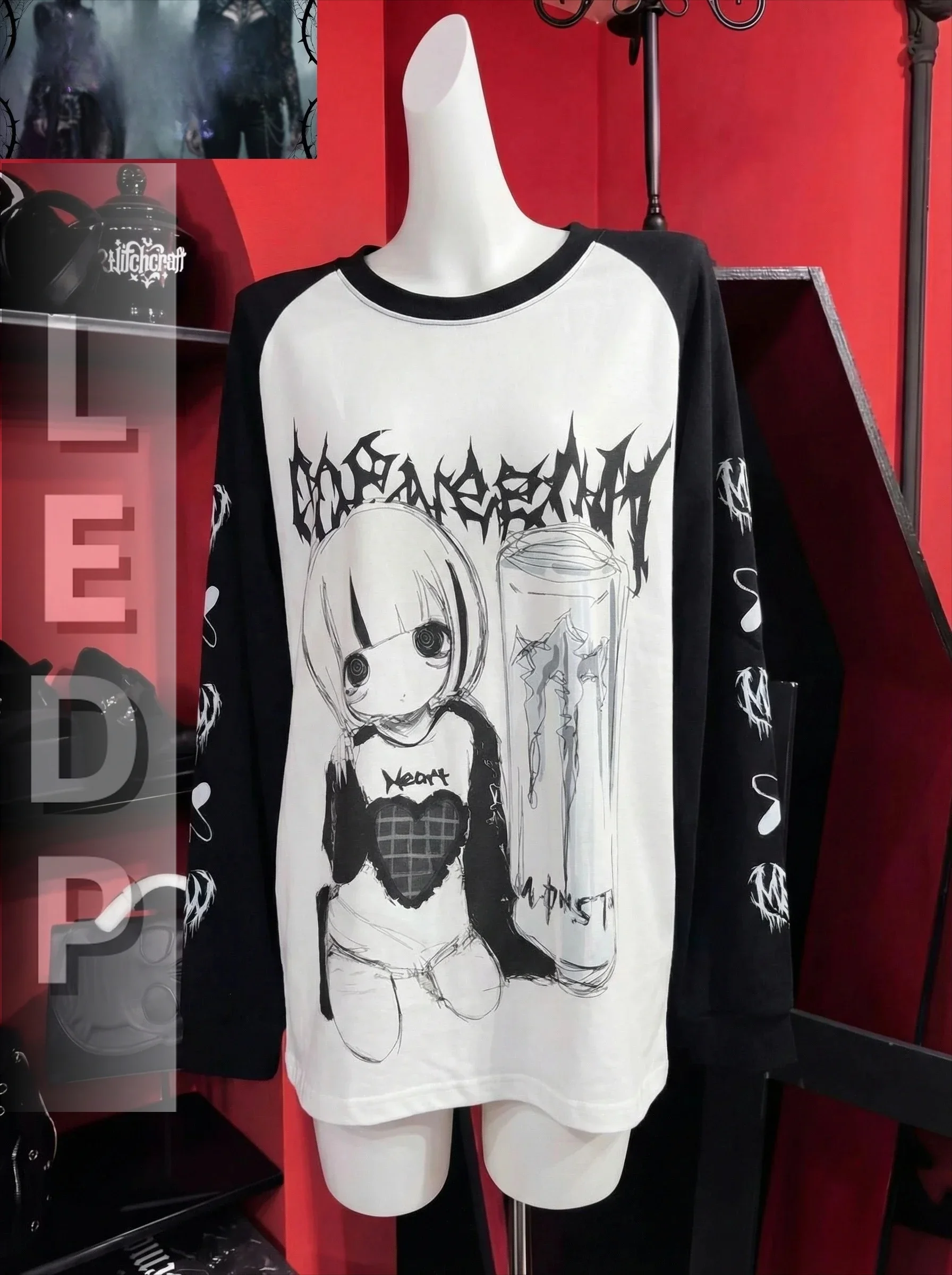 IMU Spring Autumn Japanese Yami Kawaii Girly Goth T Shirt Long Sleeve O-Neck Print Loose Top Jirai Kei Subculture Casual Shirt W