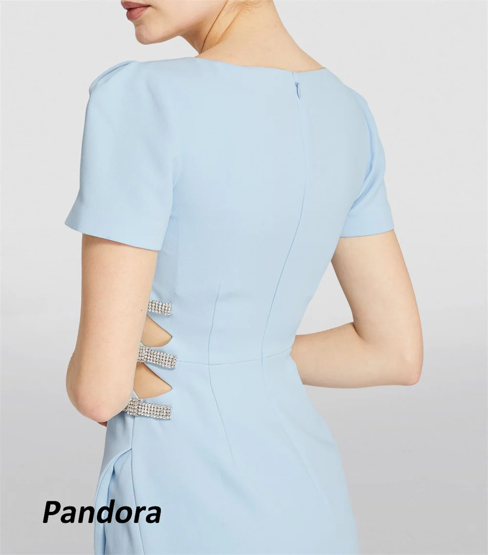 Pandora-vestido de noche largo con cuello redondo para mujer, vestido de sirena de manga corta con lazo de cristal, vestido de fiesta de banquete de boda, azul