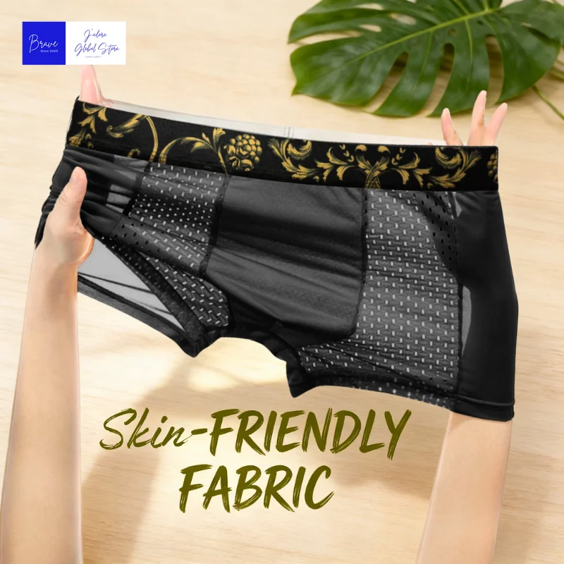 Celana Boxer Pria Bahan Sutra Es dengan Pinggang Motif Bunga Emas, Pakaian Dalam Bernapas, Cepat Kering, Ramah Kulit, Celana Olahraga Ukuran Besar untuk Musim Panas