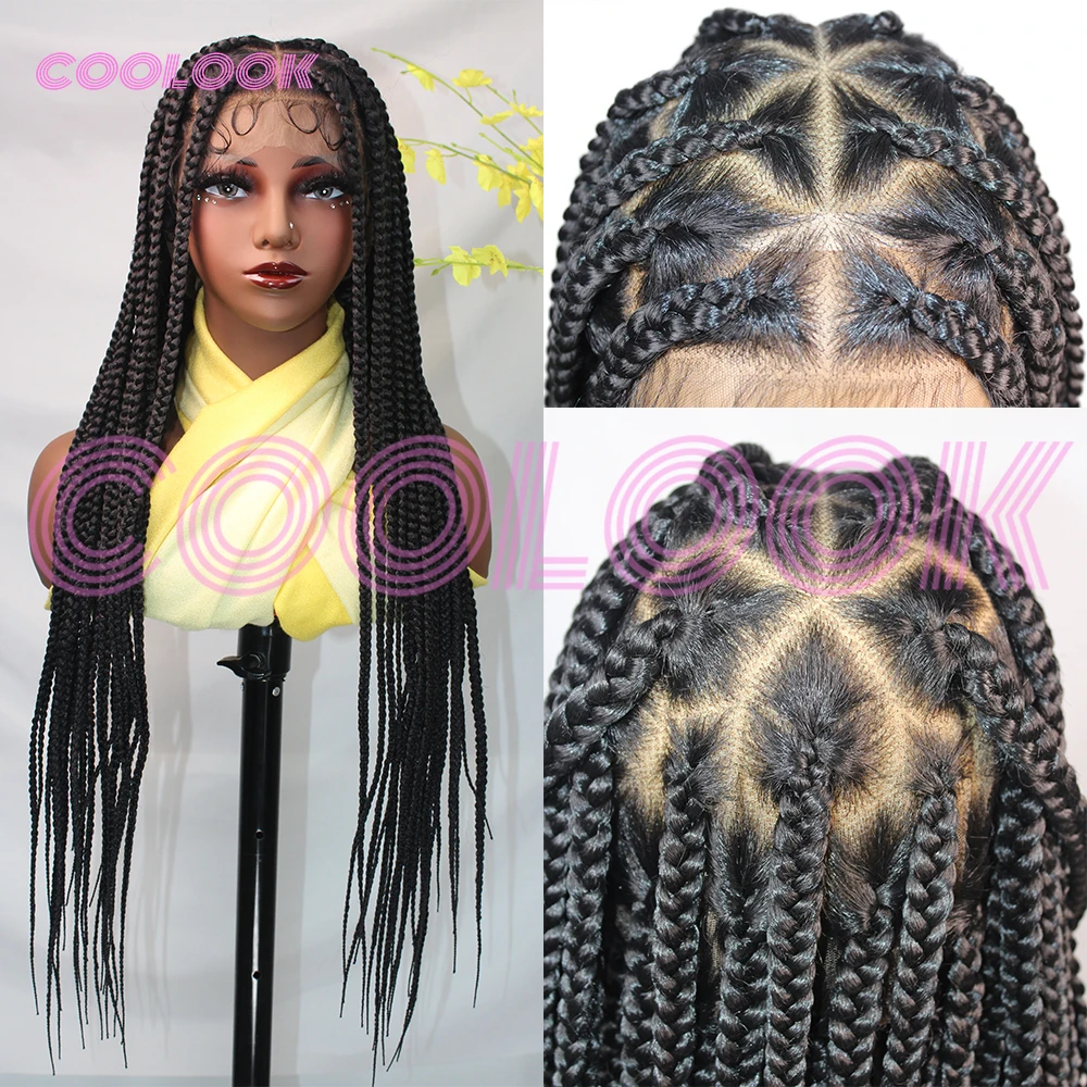 

36-дюймовые полные кружевные плетеные парики Cornrow, синтетические плетеные парики без узлов для чернокожих женщин, плетеный парик в стиле богини