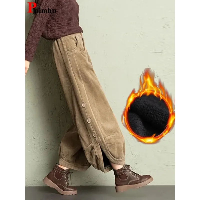 

Corduroy Split Velvet Harem Pants Vintage Baggy Warm Women Pantalones Casual High Waist Plush Thick Ankle-length Trousers J183