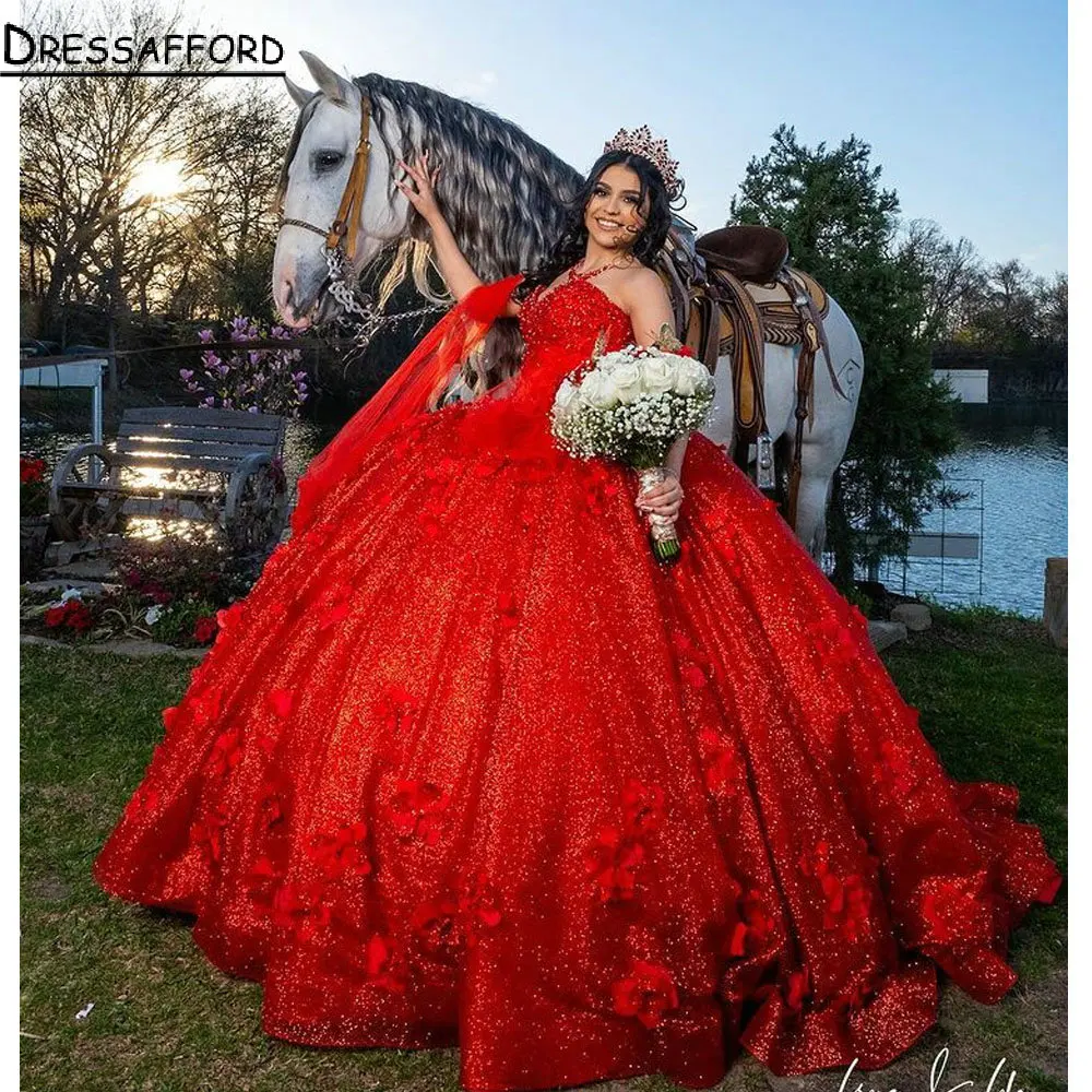 Red Sweetheart Sleeveless Quinceanera Dresses Ball Gown Glitter Crystal Ribbons 3D Flowers Corset Sweet 15 Vestidos De XV Años