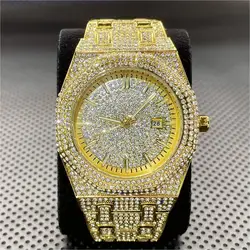 MISSFOX Iced Out Watch For Mens Fashion Automatic Date 18K Gold Quartz Clocks Hip Hop Diamond Bling Jewelry Wristwatch Man Reloj