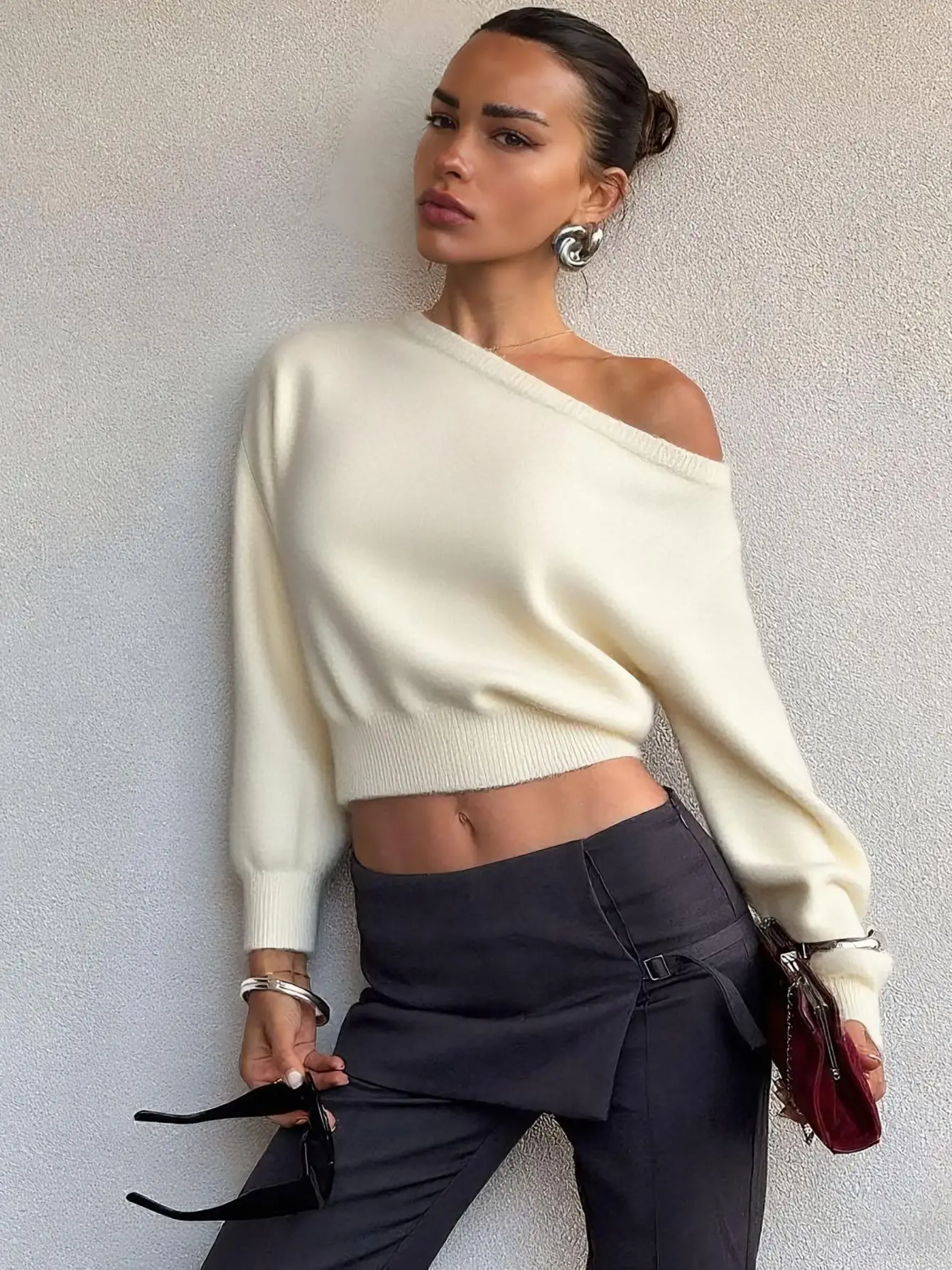 

EINY Elegant Off-Shoulder Sweater Loose Slash Neck Long Sleeve Knitted Pullovers Women Autumn Winter Fashion Casual Lady Jumper