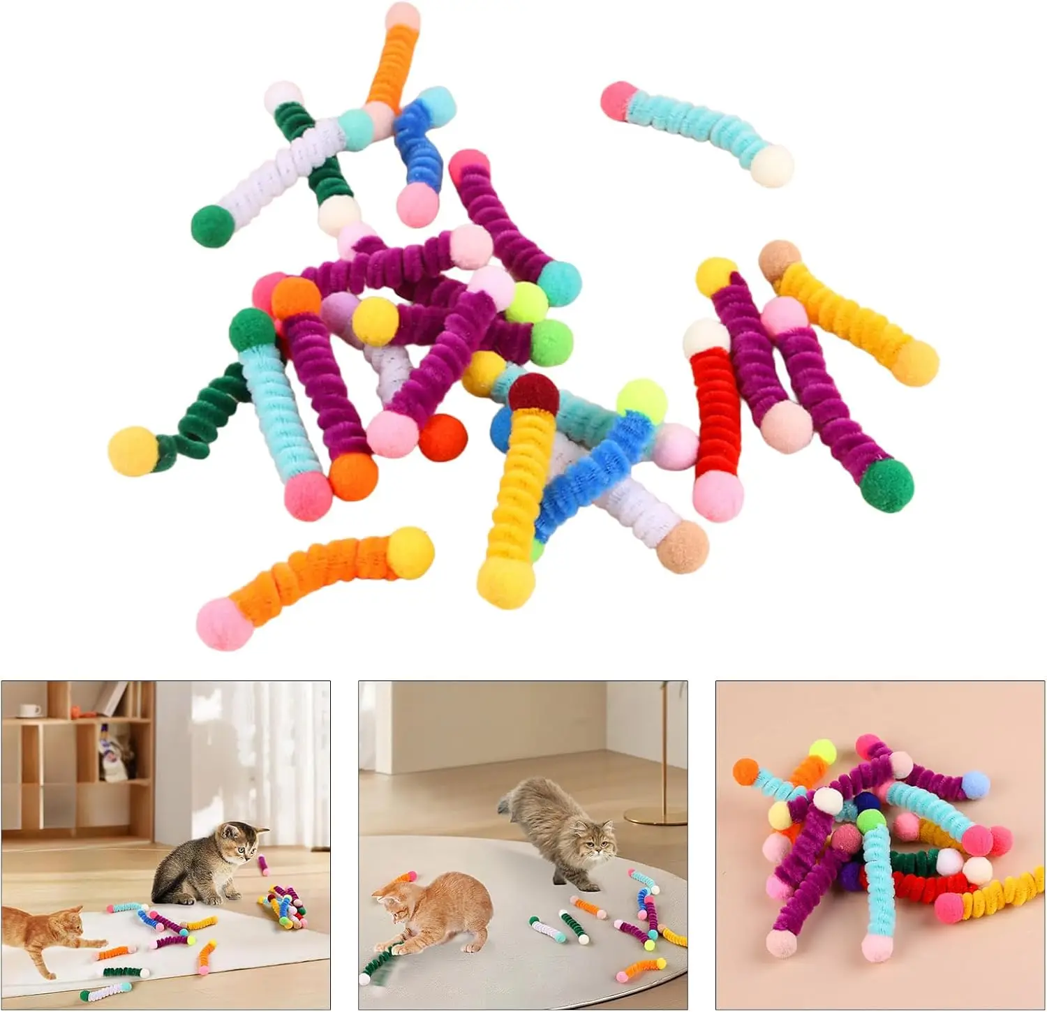 

4pcs Plush Spring Teaser Stick Double-Ended Ball Cat Interactive Colorful Spiral Spring Stuff for Swatting Biting,Hunting Toys