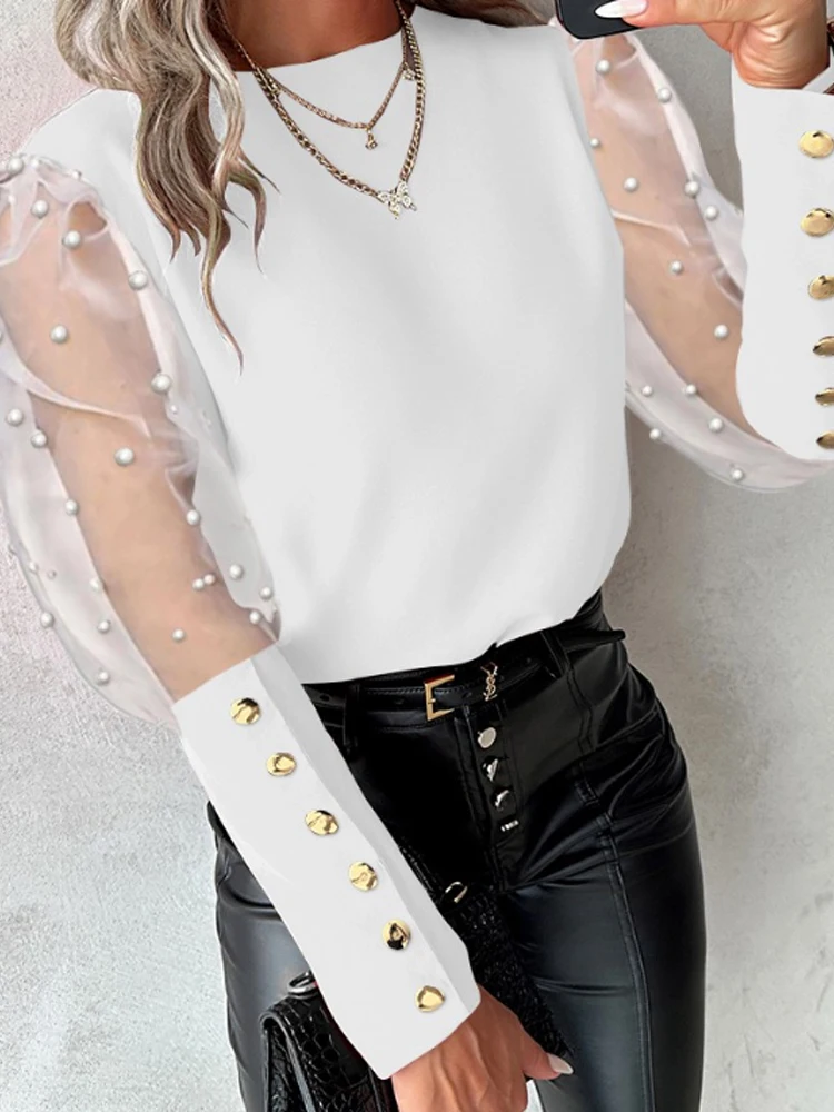 Women Beaded Sheer Mesh Patchwork Shirt Blouses