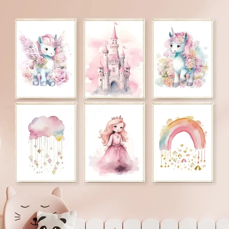 Princess Castle Unicorn Rainbow Cloud Star Wall Art Canvas Painting Posters And Prints Pictures For Girl Kids Room Nursery Decor