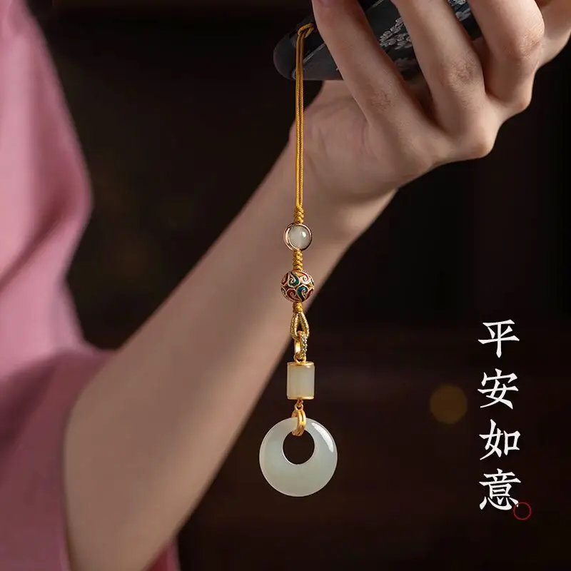 Exquisite Jade Peace Buckle Ancient Craft Sand Gold Vintage Chinese Style Phone Lanyard Keychain Pendant Unisex Protective Gift