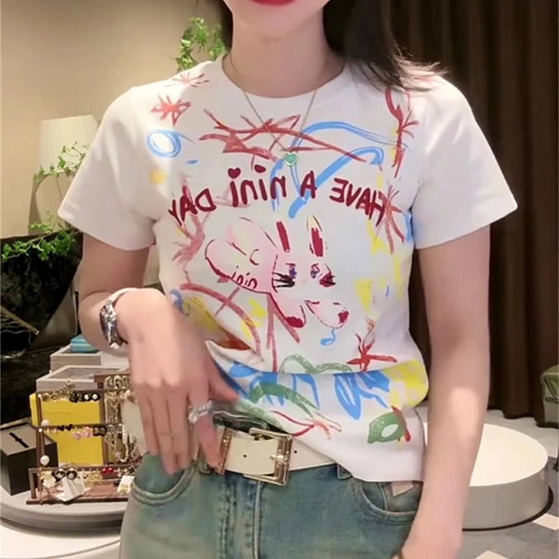 Korean Y2K Graffiti CUTE Rabbit Printed T Shirts Grunge Crop Tops for Women E-girl Short Sleeve Tee Tops Summer Kawaii Clothing