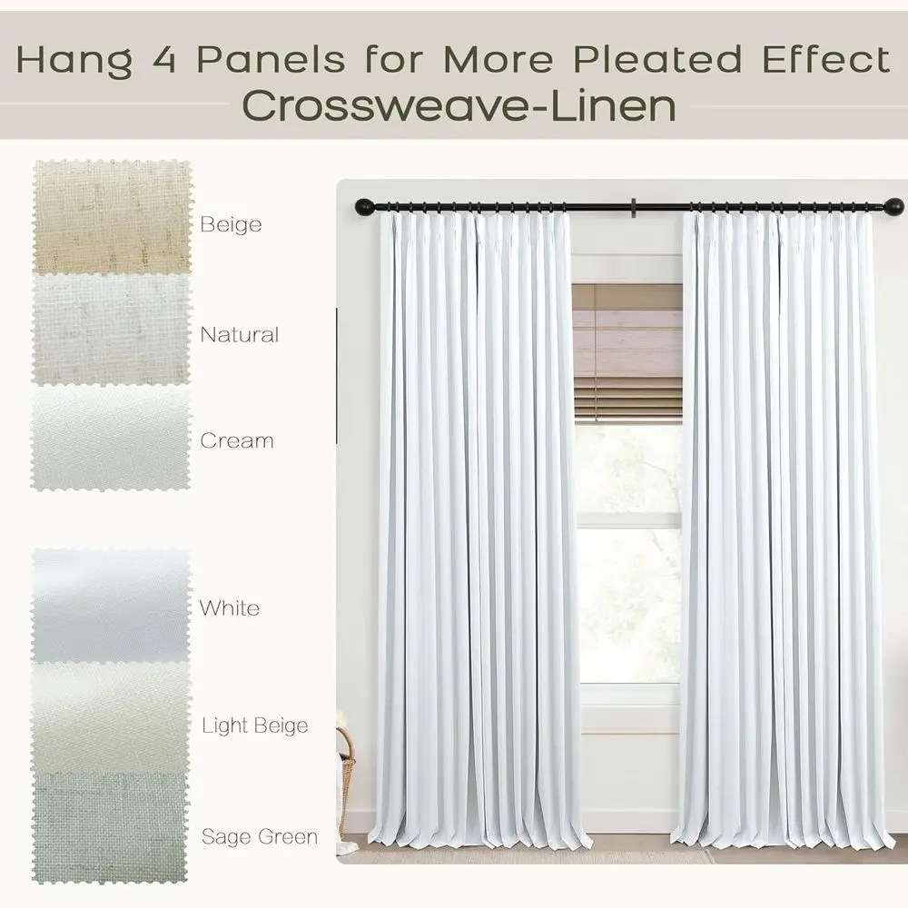 Cortinas blackout de linho com pregas brancas, 42 x 102 polegadas