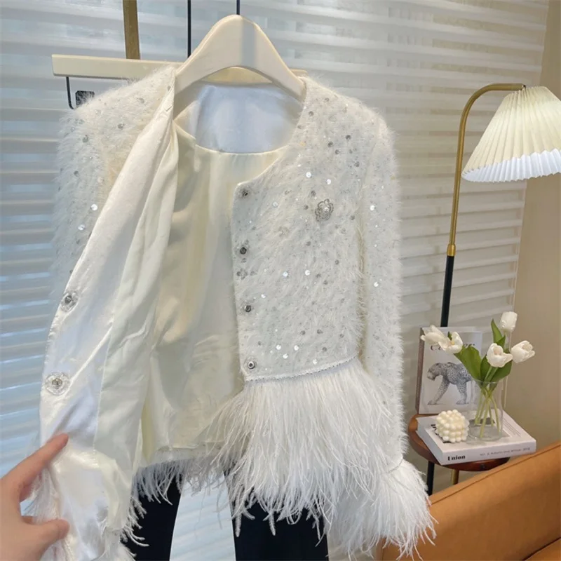 Spring 2023 New Stitching Feather High-Quality White Coat Women\'s Fashionable Party Round Neck Sequin Jacket