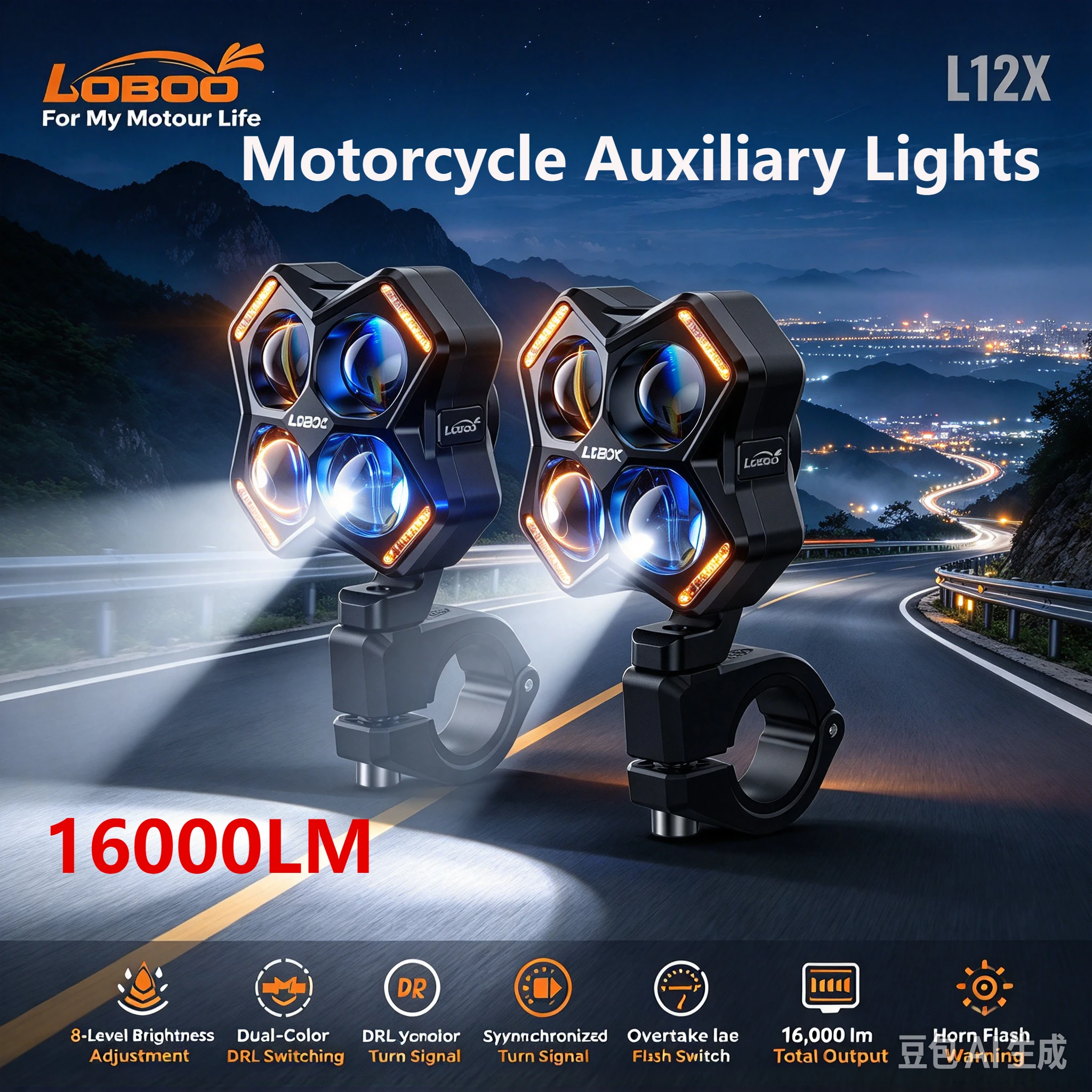 LOBOO L12X Motocycle Lights Auxiliary Spotlight 15V 16000LM 160W Fog LED Lights IP68 Driving Lamp Dual Color DRL for BMW R1200GS