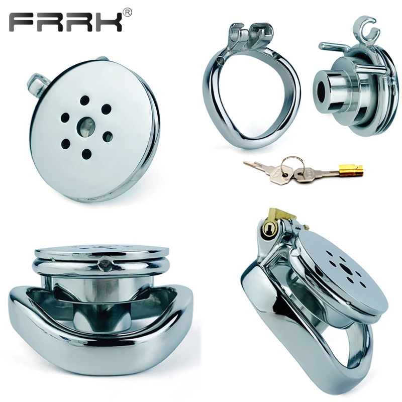 FRRK Small Short Negative Chastity Cock Cage Device with Cylinder Inverted Steel Penis Rings Flat BDSM Sex Toys for Adults