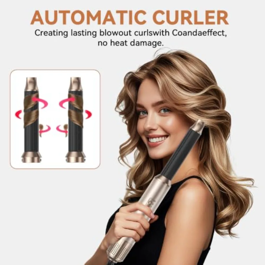 Blow Dryer Brush for daily styling, ceramic-coated, black, 5-in-1 negative ion hot air styler with auto-wrap curler, 800W