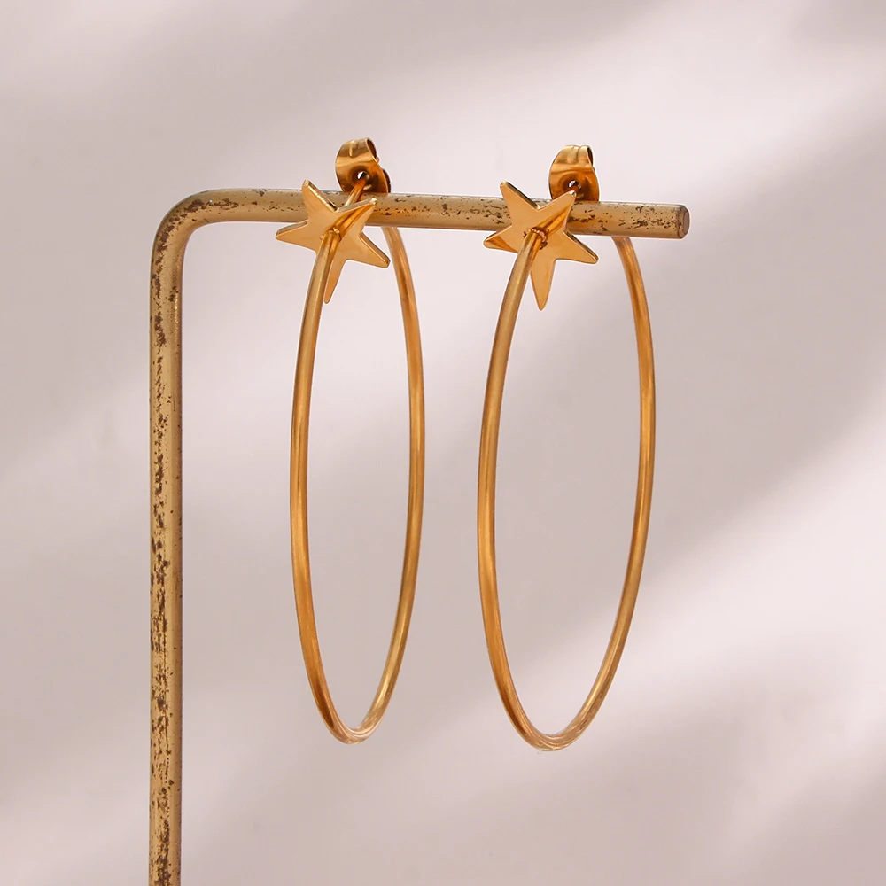 18K Gold Überzogene Edelstahl Große Stern Hoop Ohrringe Für Frau Hypoallergen Pentagramm Dünne Große Runde Schleife Ohrringe Schmuck – Detail 7